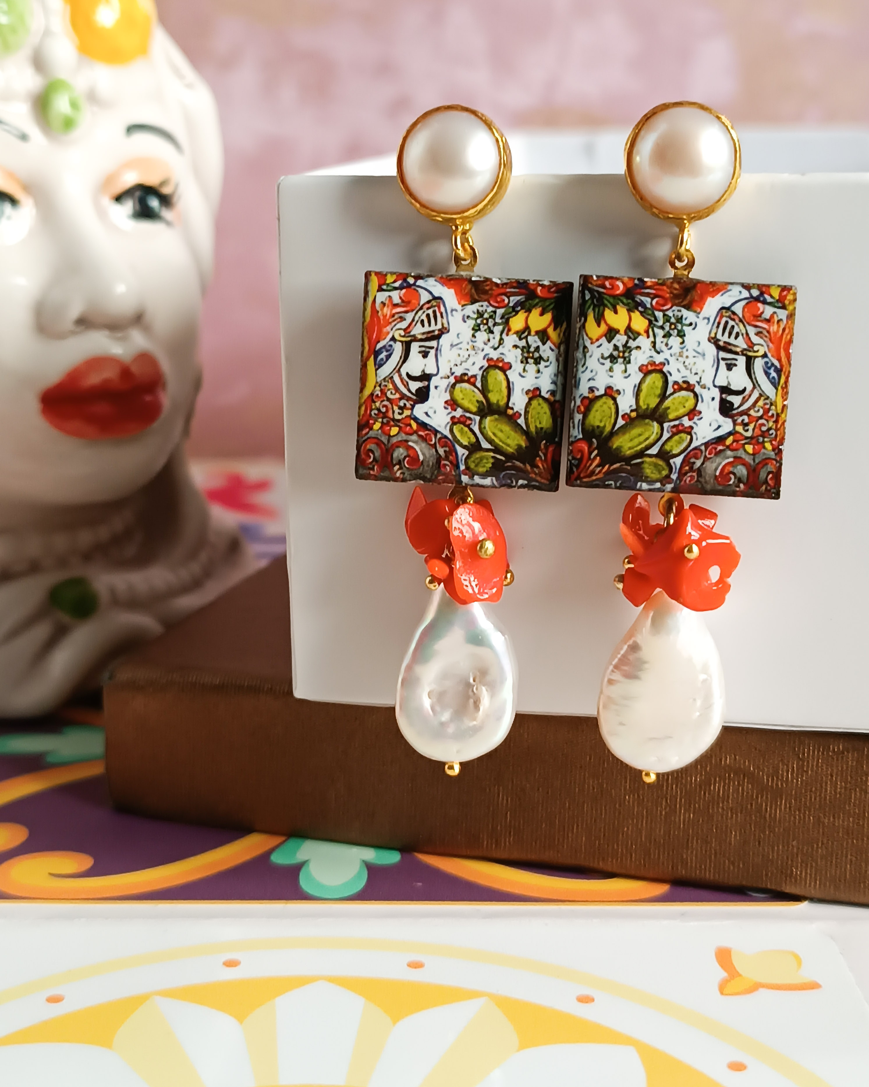 Sicilian Earrings With Ceramic Tiles And Flat Baroque Pearls Chapeau