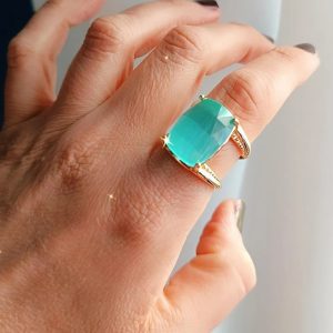 Anello rettangolare con pietra verde occhio di gatto 4