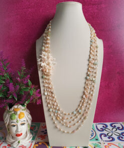 Collana catena rosario cinque fili con Acquamarina e corallo rosa