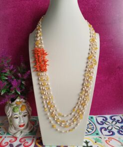 Collana catena rosario cinque fili con citrino perle e corallo rosso