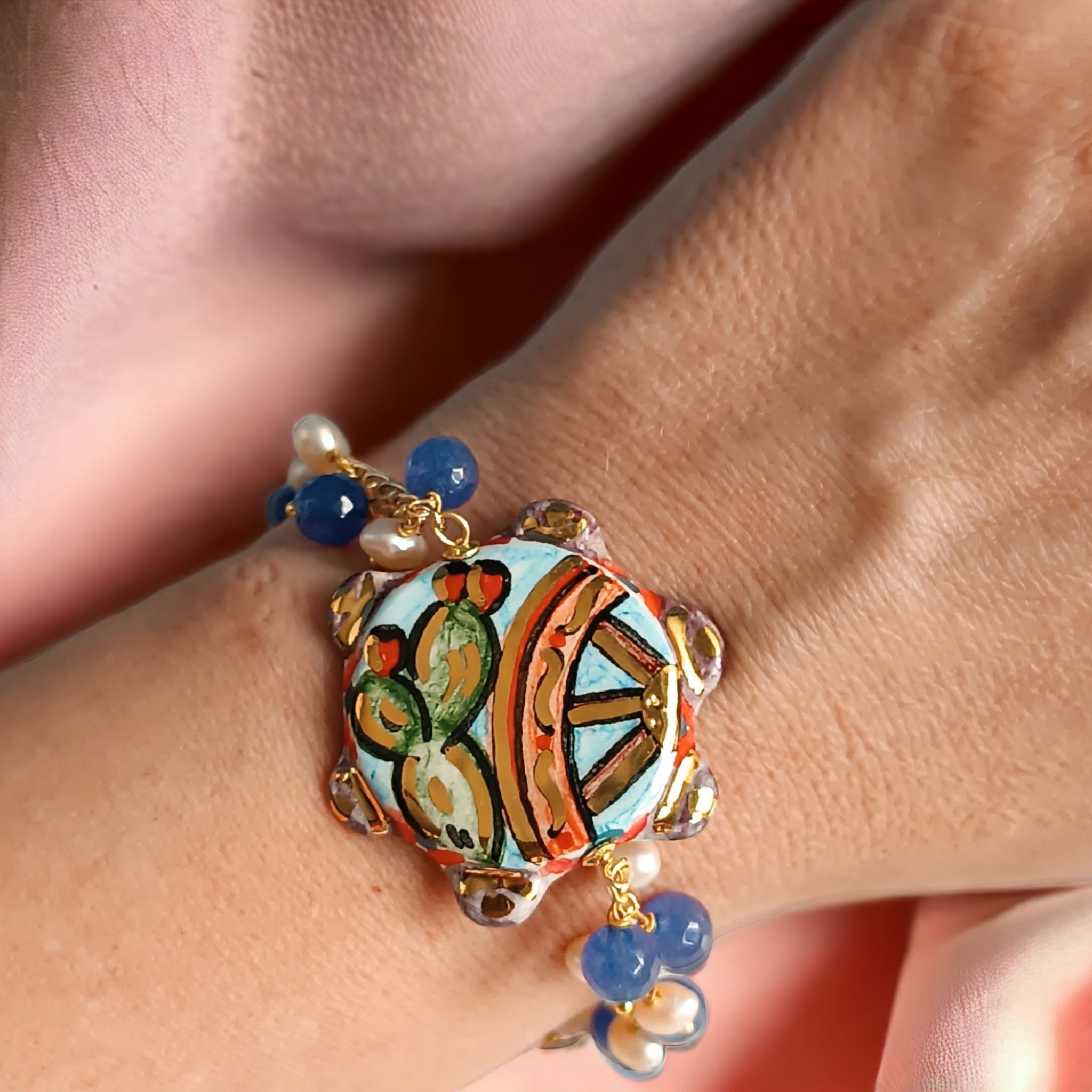 Chain and Bead Bracelet with Sicily Ceramic Tambourine - Image 2