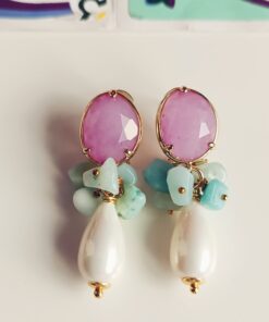 Alternative view of Pearl Drop Earrings with Amazonite Chips and Rose Chrysoberyl Stones