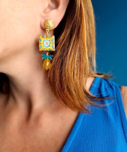 Alternative view of Orecchini Siciliani con Mattonelle in Ceramica di Caltagirone e Quarzo Citrino