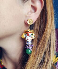 Alternative view of Orecchini Siciliani con Teste di Moro in Ceramica di Caltagirone Dipinta a Mano e Pietre Colorate