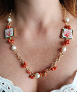 Alternative view of Large Chain Necklace with Baroque Pearls, Red Coral and Sicily Ceramic Tiles