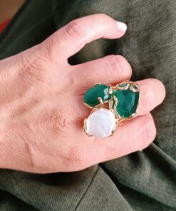 Alternative view of Anello artigianale con Occhio di Gatto Verde e Perla Barocca Piatta