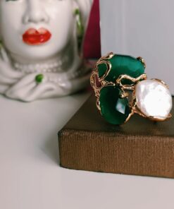 Anello triplo con occhio di gatto verde e perla barocca piatta 5