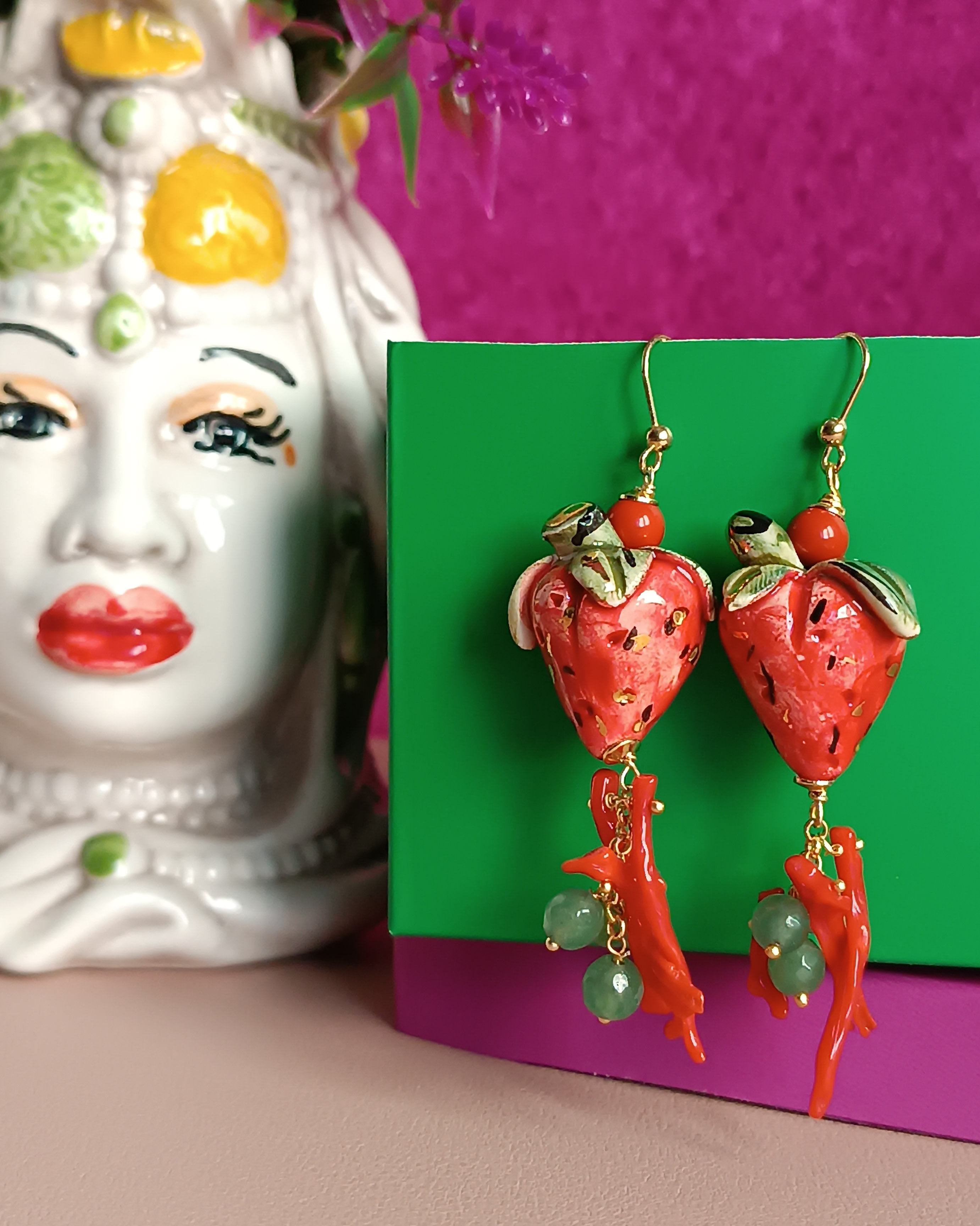 orecchini pasticcini con fragole e perline, in Fimo - Gioielli - Or