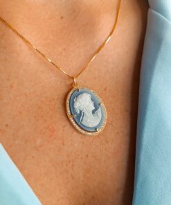 Collana a catena in argento 925 placcato oro con ciondolo cammeo in agata blu 4