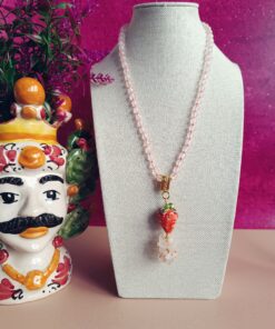 Alternative view of Sicilian Necklace with Rose Quartz and Sicily Ceramic Strawberry