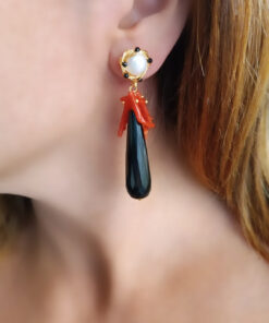 Alternative view of Drop Earrings with Black Onyx, Red Coral and Freshwater Pearls