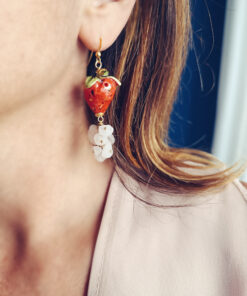 Alternative view of Sicilian Earrings with Ceramic Strawberries and Rose Quartz Chips