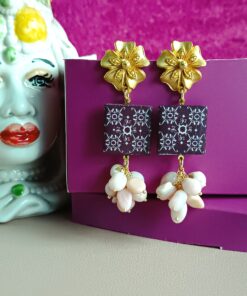 Orecchini siciliani con mattonelle in ceramica di caltagirone e rodonite 3