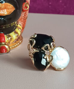 anello triplo con onice nero e perla barocca piatta