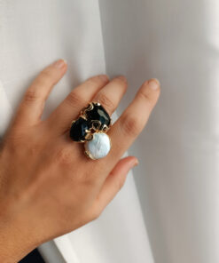 anello triplo con onice nero e perla barocca piatta
