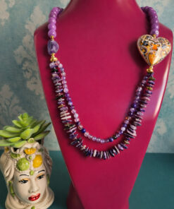 Collana Siciliana con Pietre Naturali Viola e Cuore in Ceramica di Caltagirone