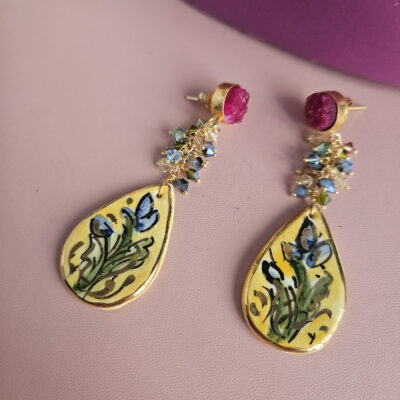 Orecchini Siciliani con Gocce in Ceramica di Caltagirone e Cristalli Swarovski