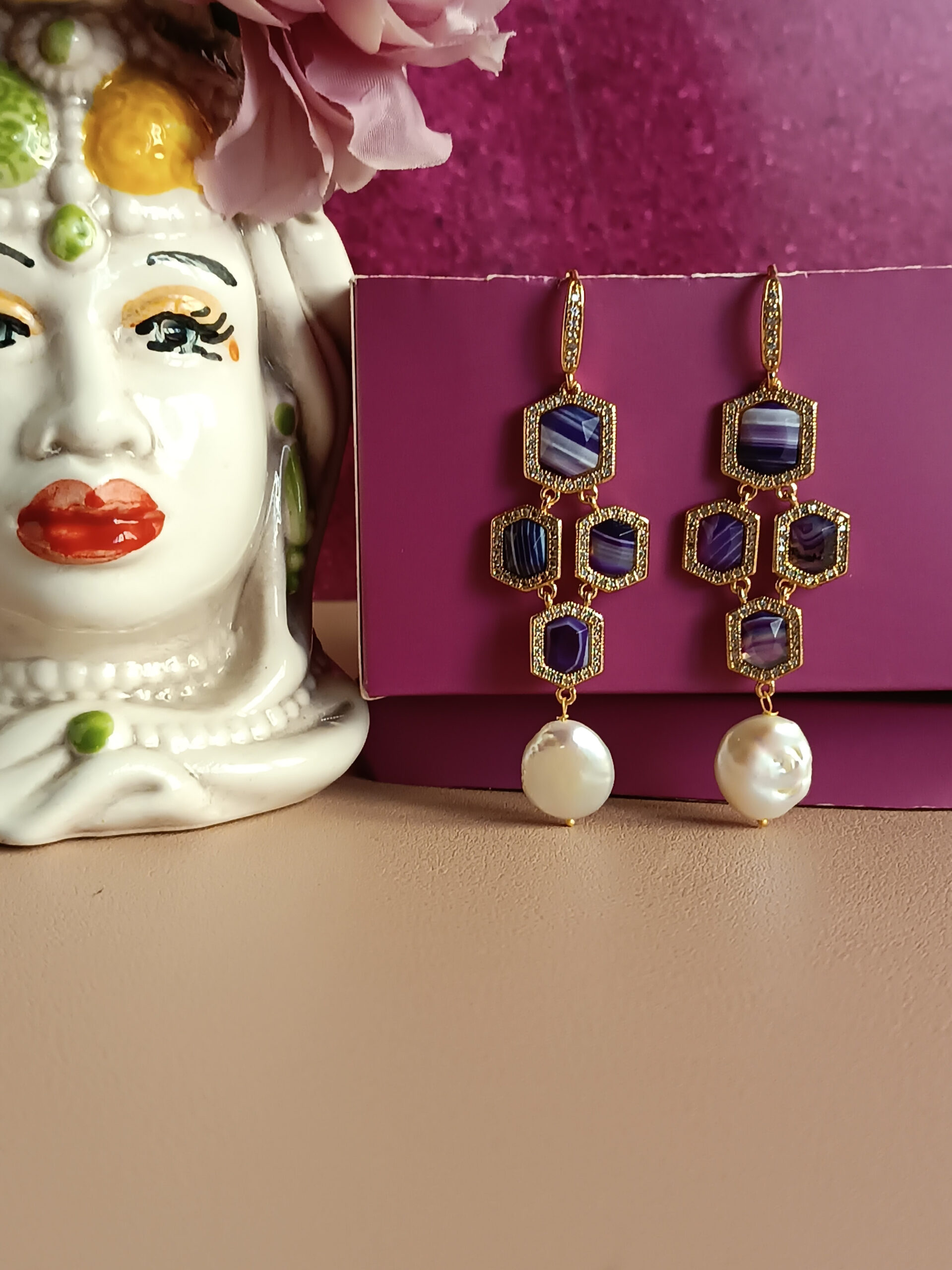 Orecchini Pendenti A Cerchio Con Perle Barocche | Oro 18k E Ceramica | Gioiello Moda Donna