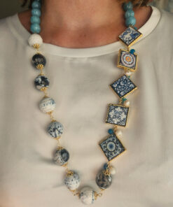Alternative view of Sicilian Necklace with Light Blue Angelite Stones and Sicily Ceramic Tiles