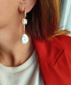 Alternative view of Drop Earrings with Transparent Crystals, Zircons and Flat Pearls