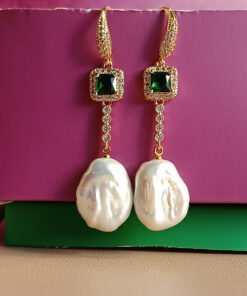 Alternative view of Drop Earrings with Green Crystals, Zircons and Flat Pearls