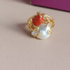 Anello in argento 925 placcato Oro con perla di fiume e corallo del mediterraneo 4