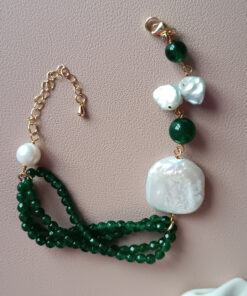 Alternative view of Multi Strand Bracelet with Pearls and Green Stones