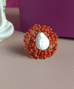 Alternative view of Statement Ring with Flat Pearls and Coral Paste Stones