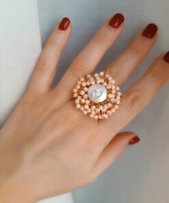 Statement Ring with Flat Pearls and Rose Coral Paste