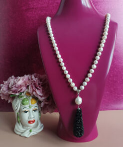Long Necklace with Freshwater Pearls and Black Crystals
