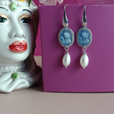 Orecchini pendenti in argento 925 con cammei angelo in agata e perle di fiume 4