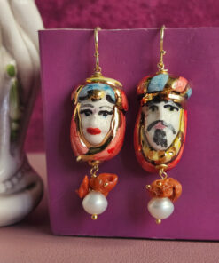 Alternative view of Sicilian Earrings with Ceramic Moor Heads, Red Coral and Baroque Pearls