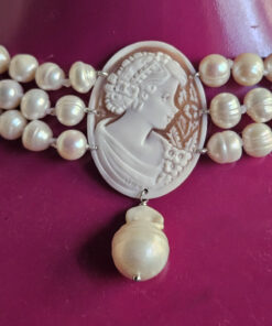 Alternative view of Three Strand Choker Necklace with Freshwater Pearls and Shell Cameo