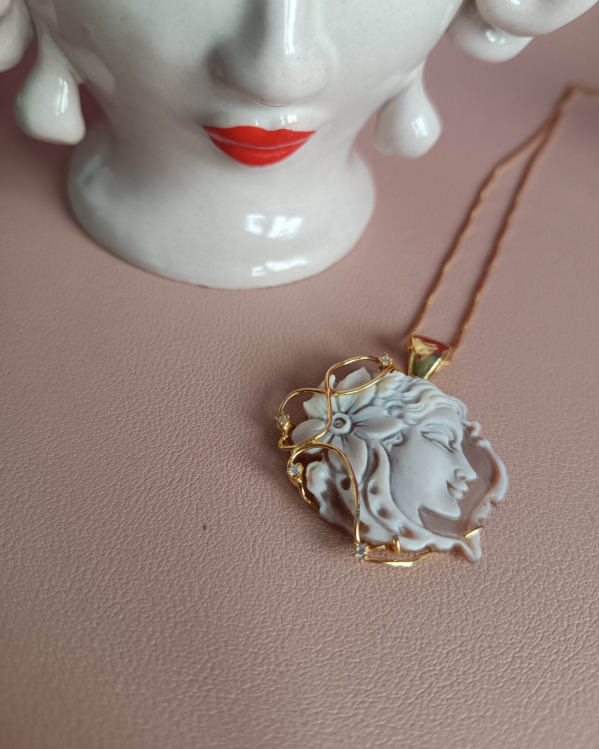 Collana a Catena in Argento 925 Placcato Oro con Cammeo Autentico di Torre del Greco - immagine 6