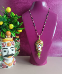 Collana a catena con tormalina e testa di moro in ceramica di caltagirone 1