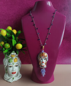 Collana a catena in argento 925 con ametista e testa di moro in ceramica di caltagirone 2