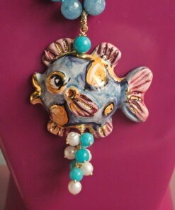 Alternative view of Sicilian Necklace with Angelite and Sicily Ceramic Fish