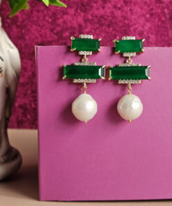 Alternative view of Drop Earrings with Green Chrysoberyl and Baroque Pearls