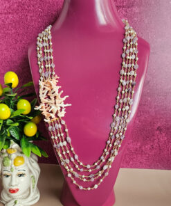 Collana a Cinque Fili con Ametista Lavanda, Perle e Corallo Rosa