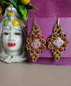 Chiaccherino Lace Earrings with Coral Paste Stones and Ceramic Tiles