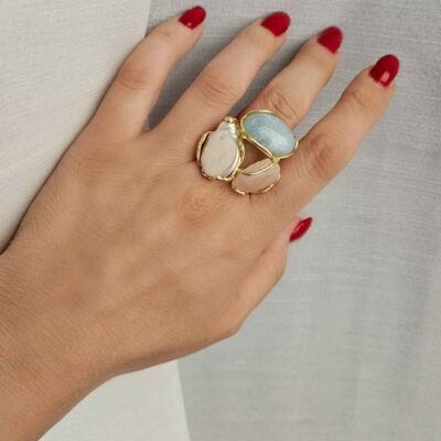 Anello in argento 925 con acquamarina quarzo rosa e perla