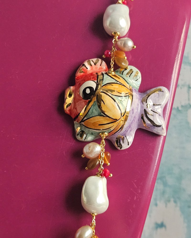 Statement Necklace with Rainbow Crystals and Sicilian Ceramic Fish - Image 2