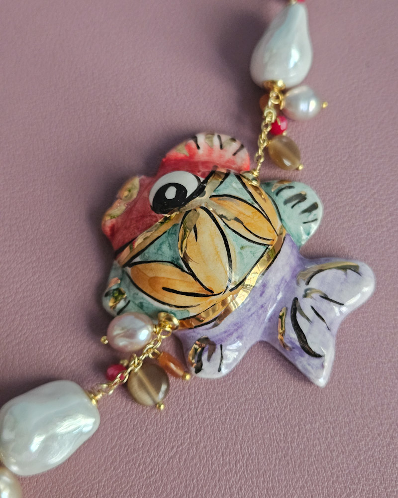 Statement Necklace with Rainbow Crystals and Sicilian Ceramic Fish - Image 3