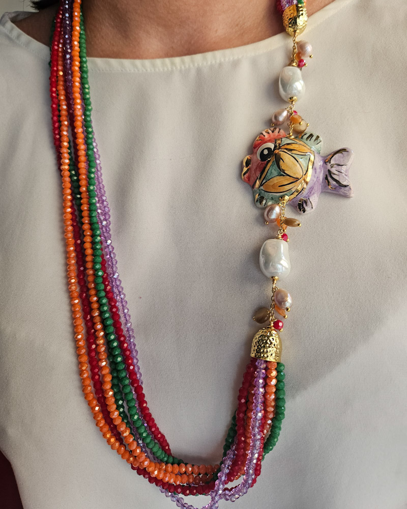 Statement Necklace with Rainbow Crystals and Sicilian Ceramic Fish - Image 5