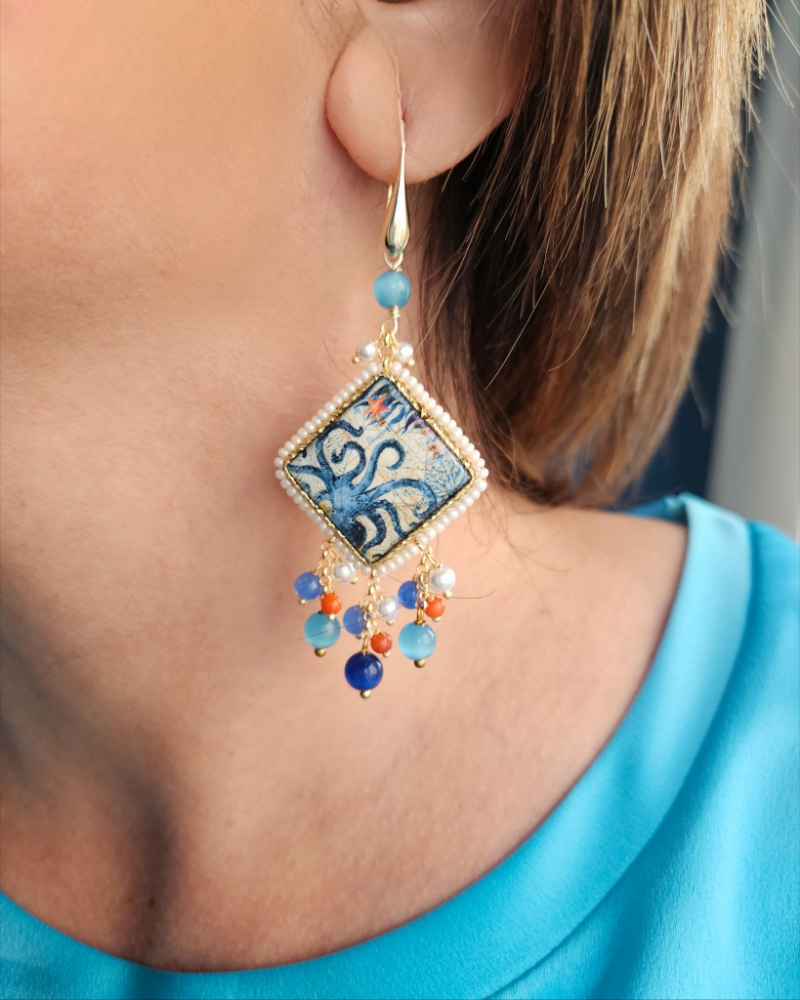 Sicily Ceramic Tile Earrings with Colourful Stones - Image 5