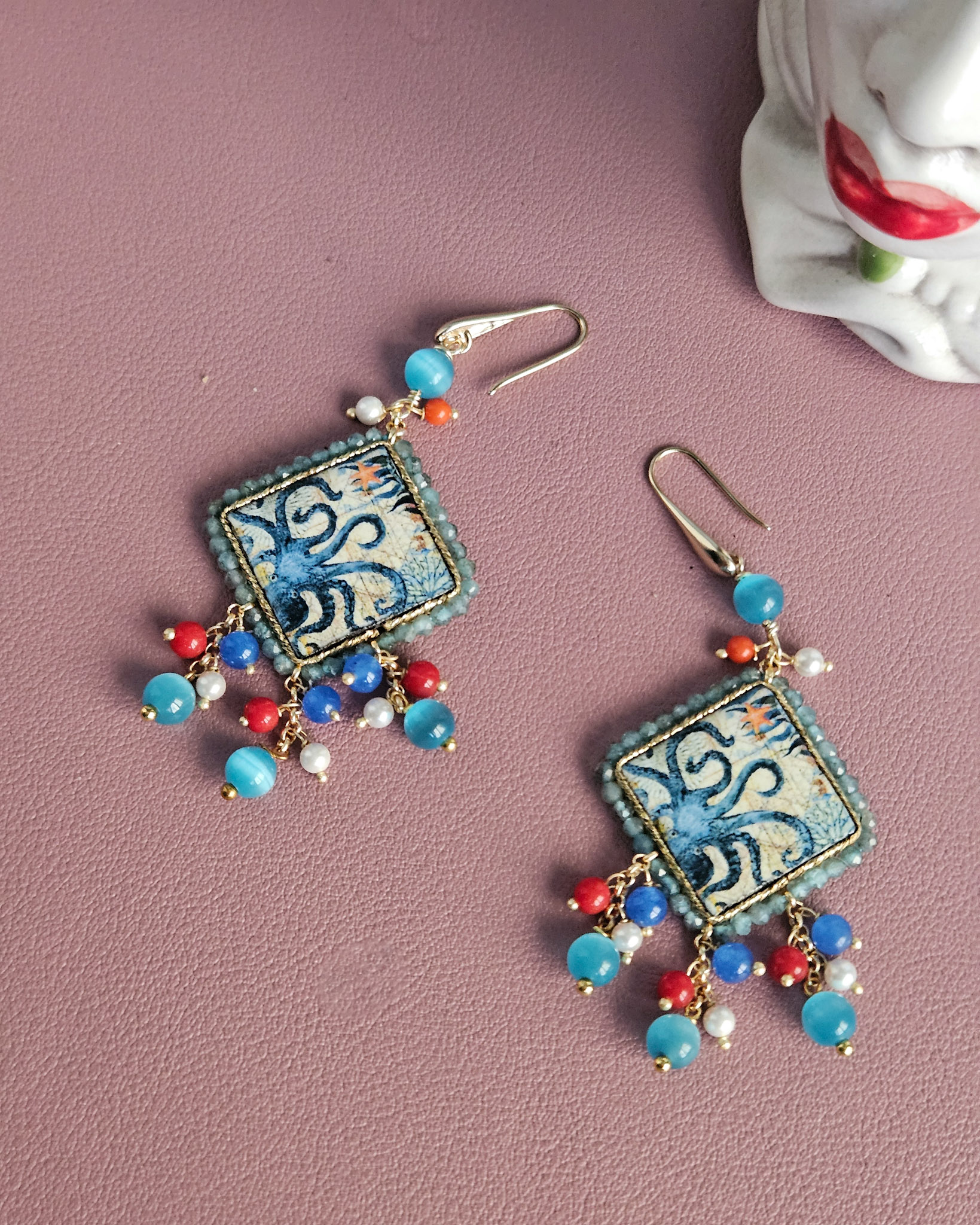 Sicily Ceramic Tile Earrings with Colourful Stones - Image 2