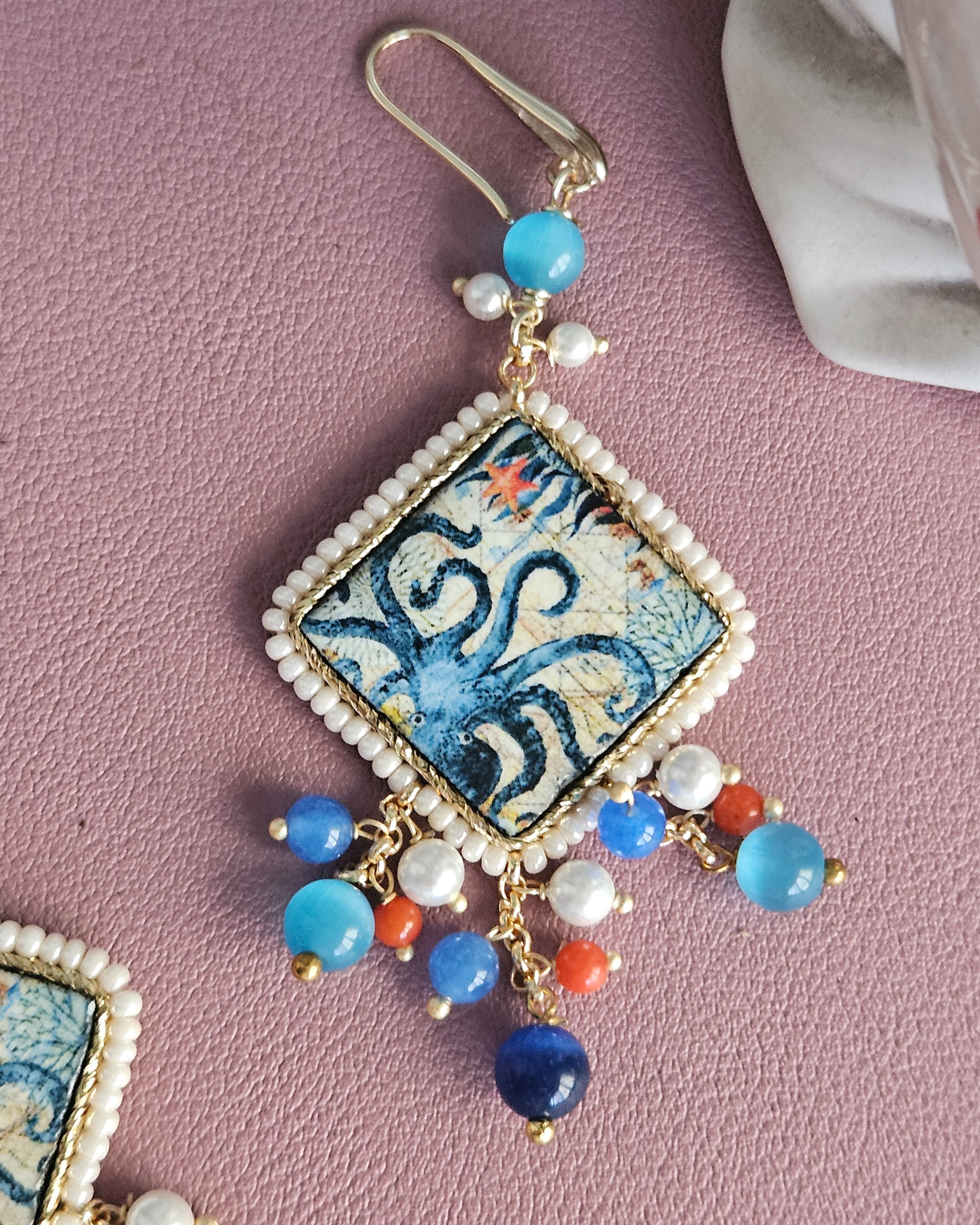 Sicily Ceramic Tile Earrings with Colourful Stones - Image 4