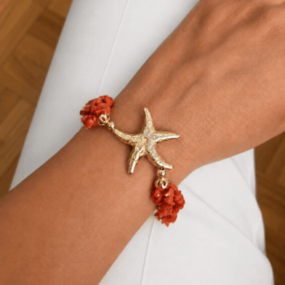 Bracciale Elegante in Argento 925 Placcato Oro con Corallo Rosso e Onice Nero