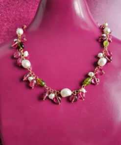 Collana a catena in argento 925 con pietre colorate tormalina peridoto e perle di fiume