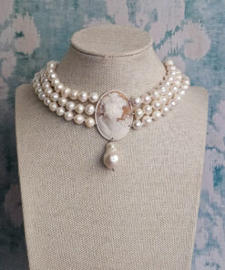 Alternative view of Three Strand Choker Necklace with Freshwater Pearls and Shell Cameo